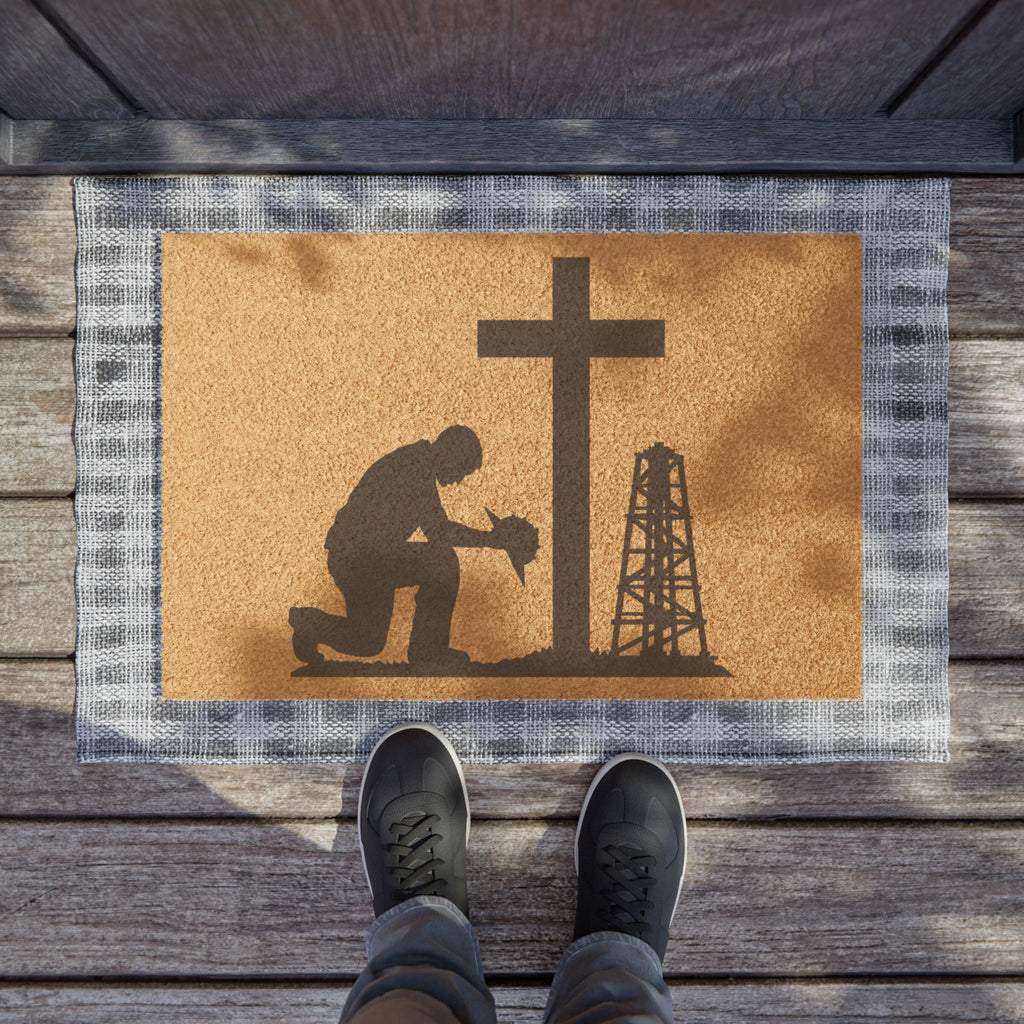 Doormat — Oilfield Prayer Welcome Mat (Praying Worker, Cross & Rig)