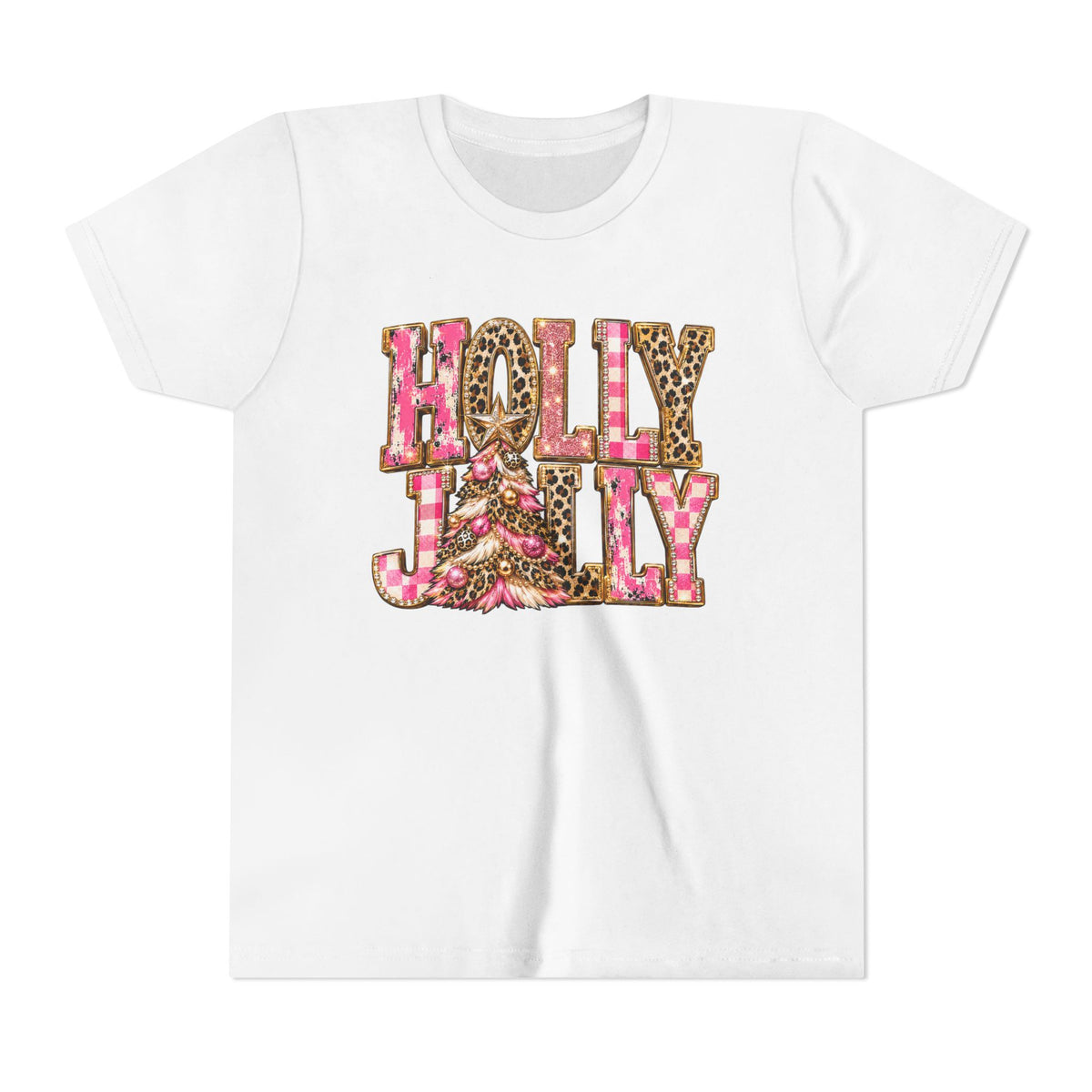 "Holly Jolly" Pink Leopard Christmas Graphic Youth Tshirt