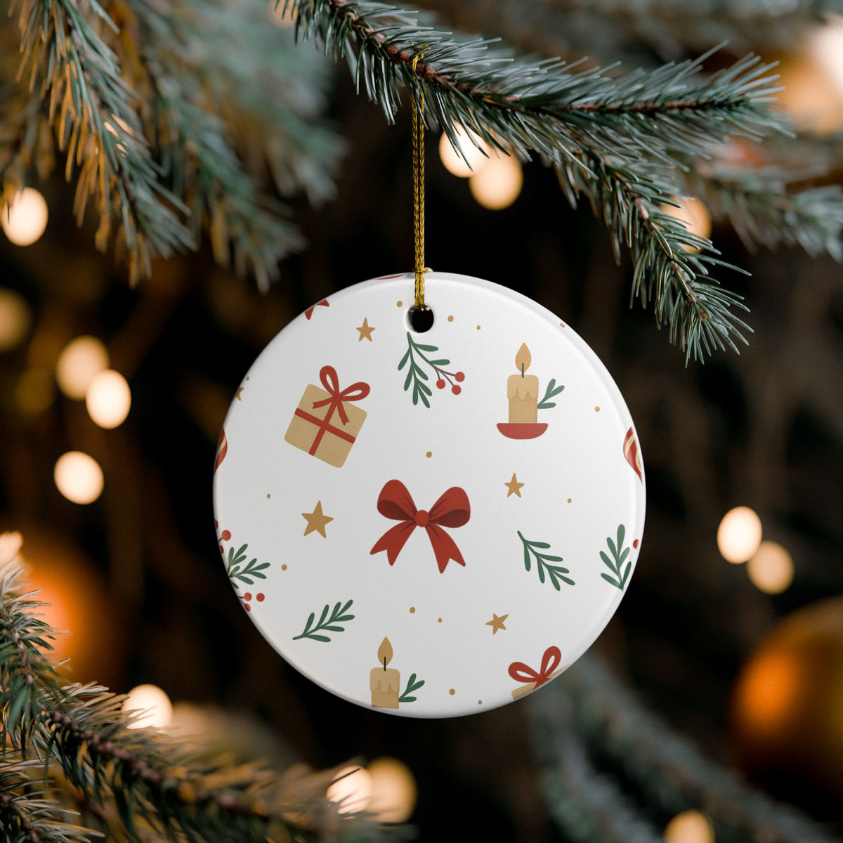 Christmas Ceramic Ornament - Holiday Candles, Gifts & Bow Pattern Decoration