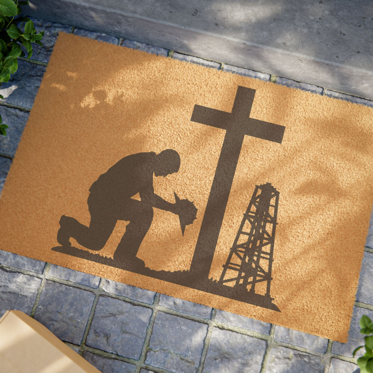 Doormat — Oilfield Prayer Welcome Mat (Praying Worker, Cross & Rig)