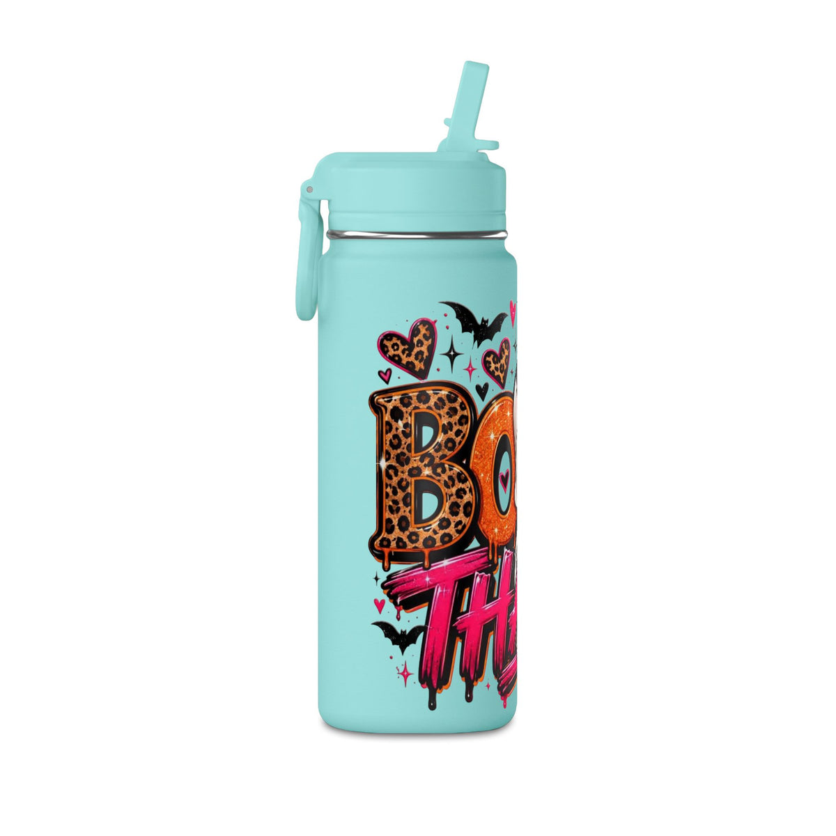 Mini Water Bottle — Cute Ghost 'Boo Thang' Graphic with Leopard Hearts