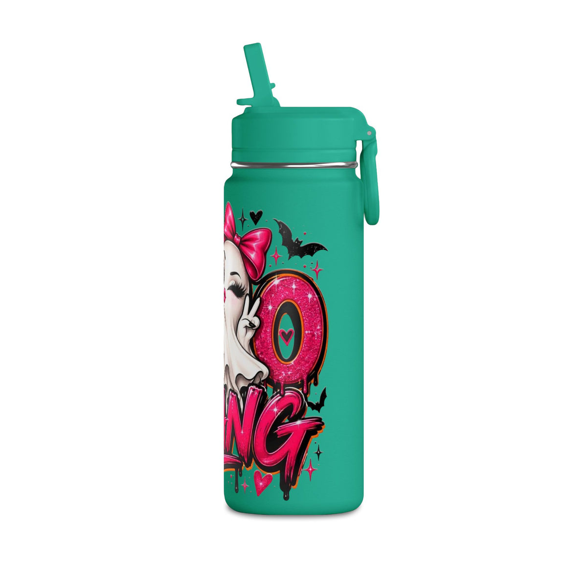 Mini Water Bottle — Cute Ghost 'Boo Thang' Graphic with Leopard Hearts