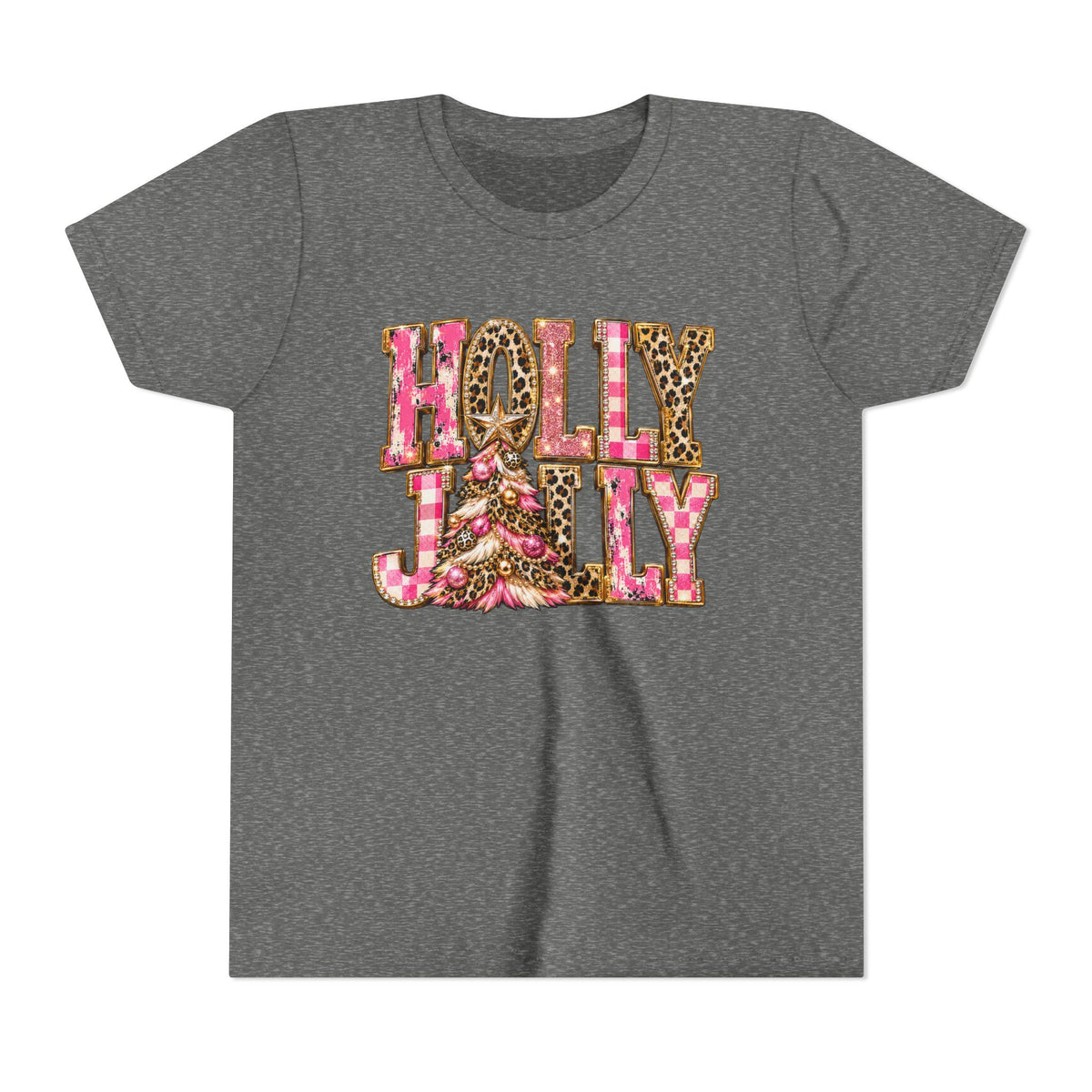 "Holly Jolly" Pink Leopard Christmas Graphic Youth Tshirt