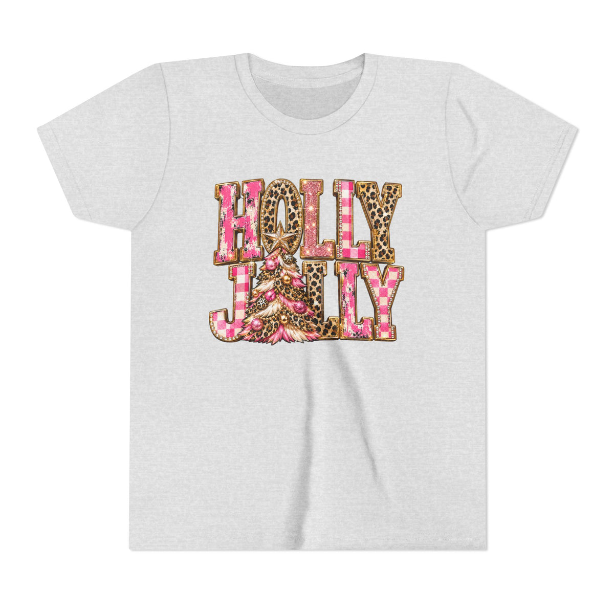 "Holly Jolly" Pink Leopard Christmas Graphic Youth Tshirt