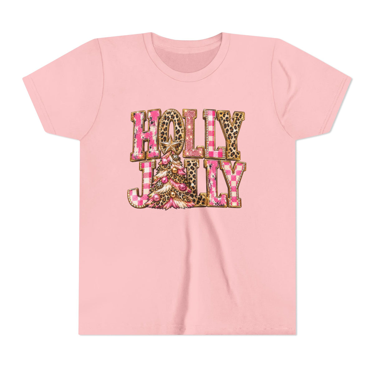 "Holly Jolly" Pink Leopard Christmas Graphic Youth Tshirt