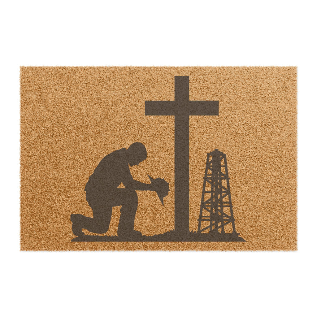 Doormat — Oilfield Prayer Welcome Mat (Praying Worker, Cross & Rig)