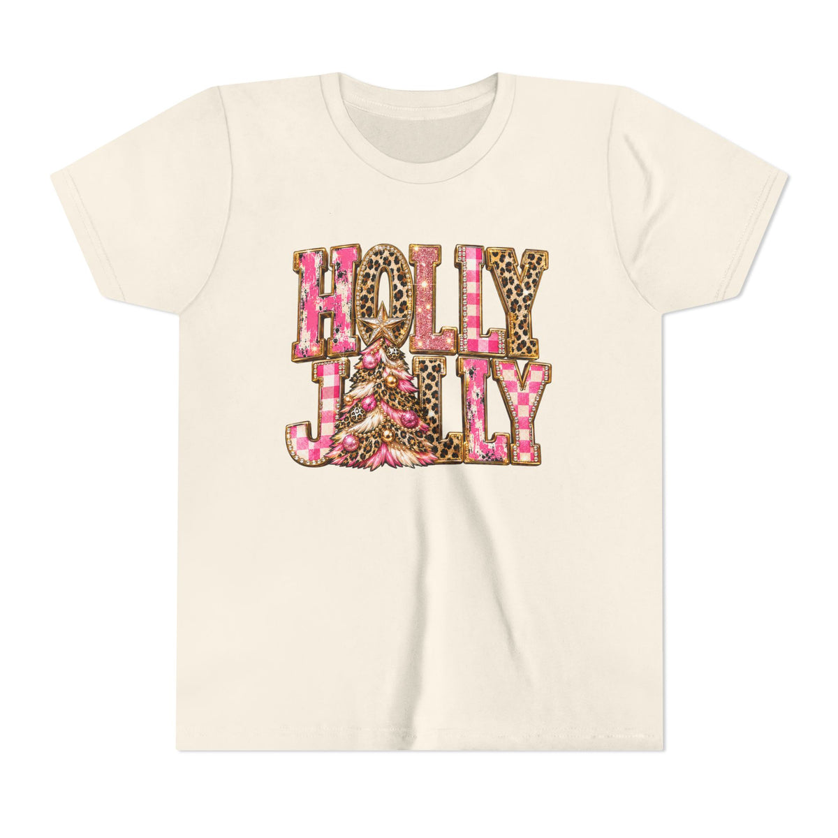 "Holly Jolly" Pink Leopard Christmas Graphic Youth Tshirt