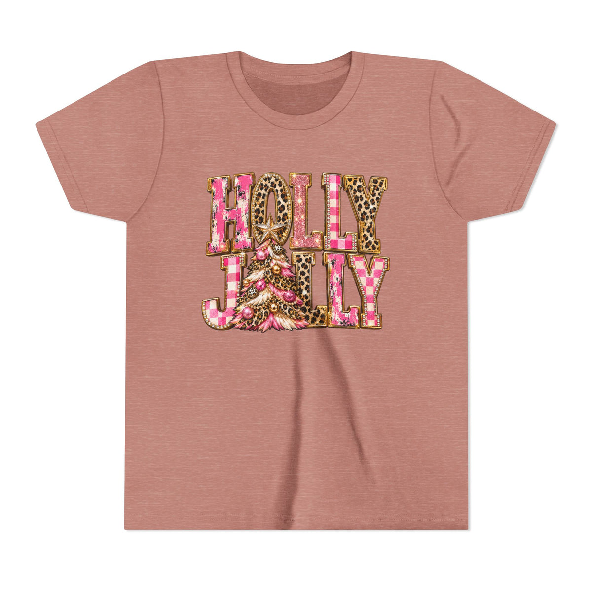 "Holly Jolly" Pink Leopard Christmas Graphic Youth Tshirt