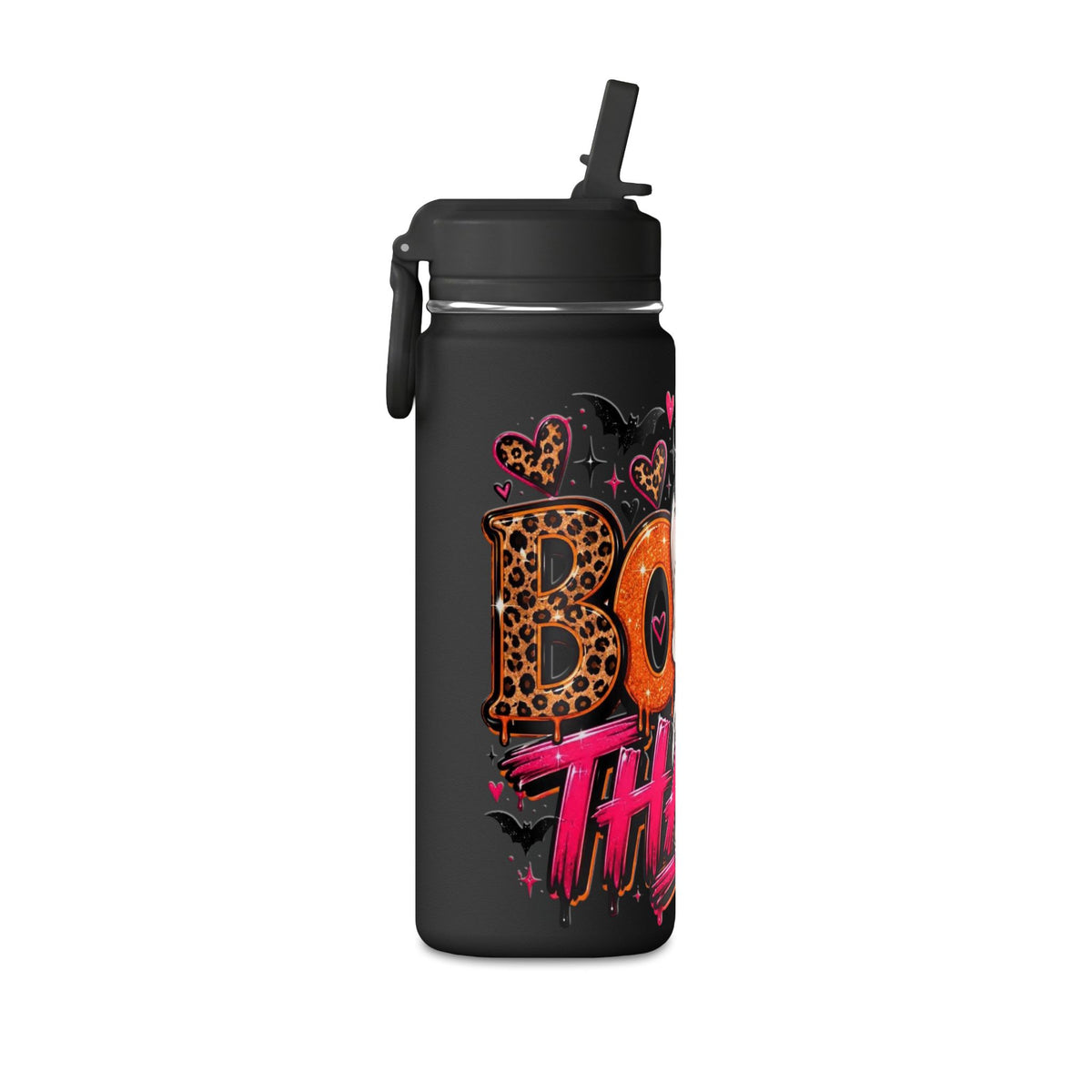 Mini Water Bottle — Cute Ghost 'Boo Thang' Graphic with Leopard Hearts