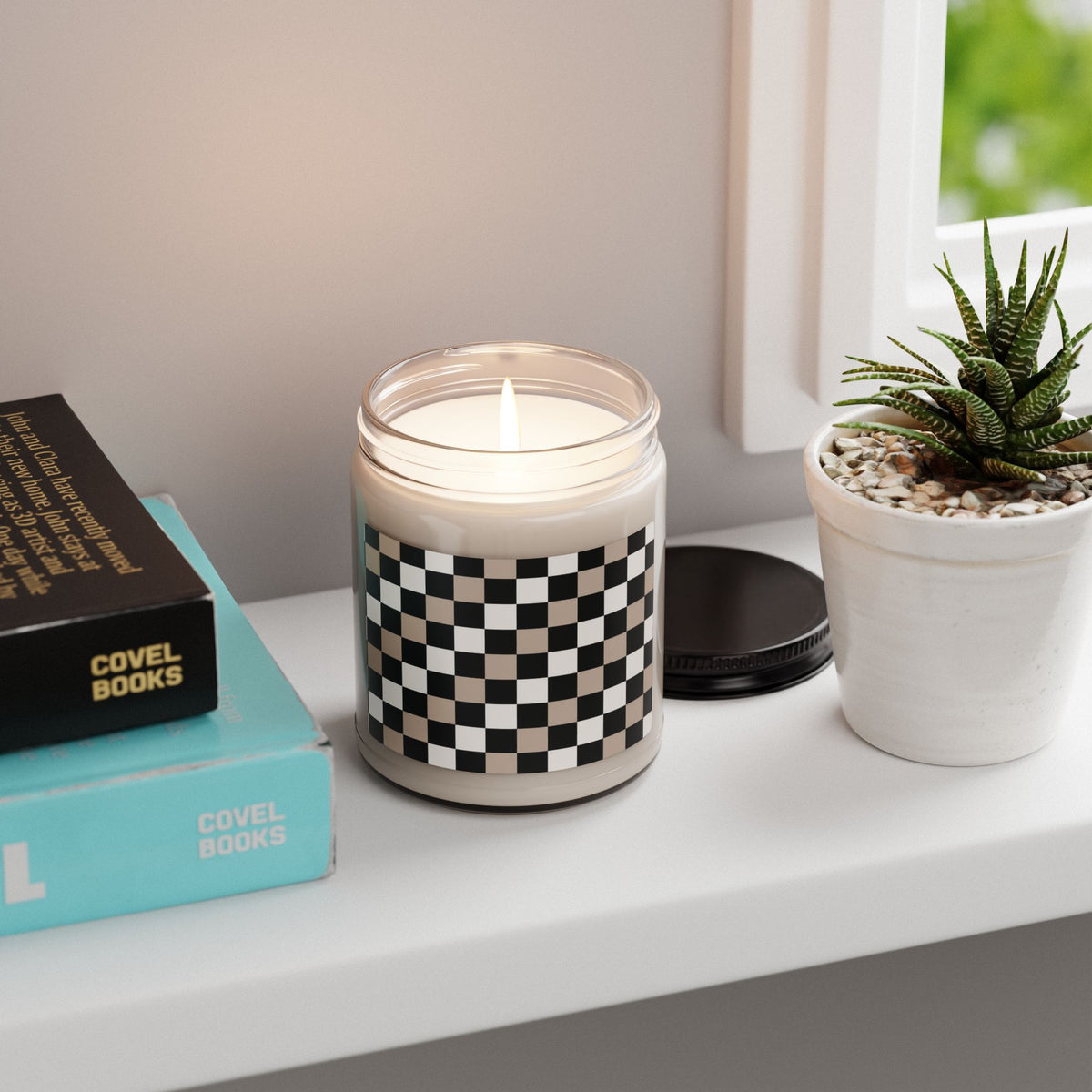 Checkerboard Soy Candle — Neutral Black & Beige 9oz Scented Jar