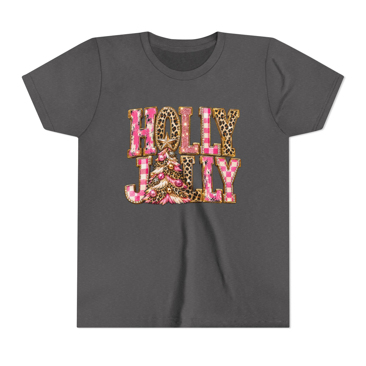 "Holly Jolly" Pink Leopard Christmas Graphic Youth Tshirt