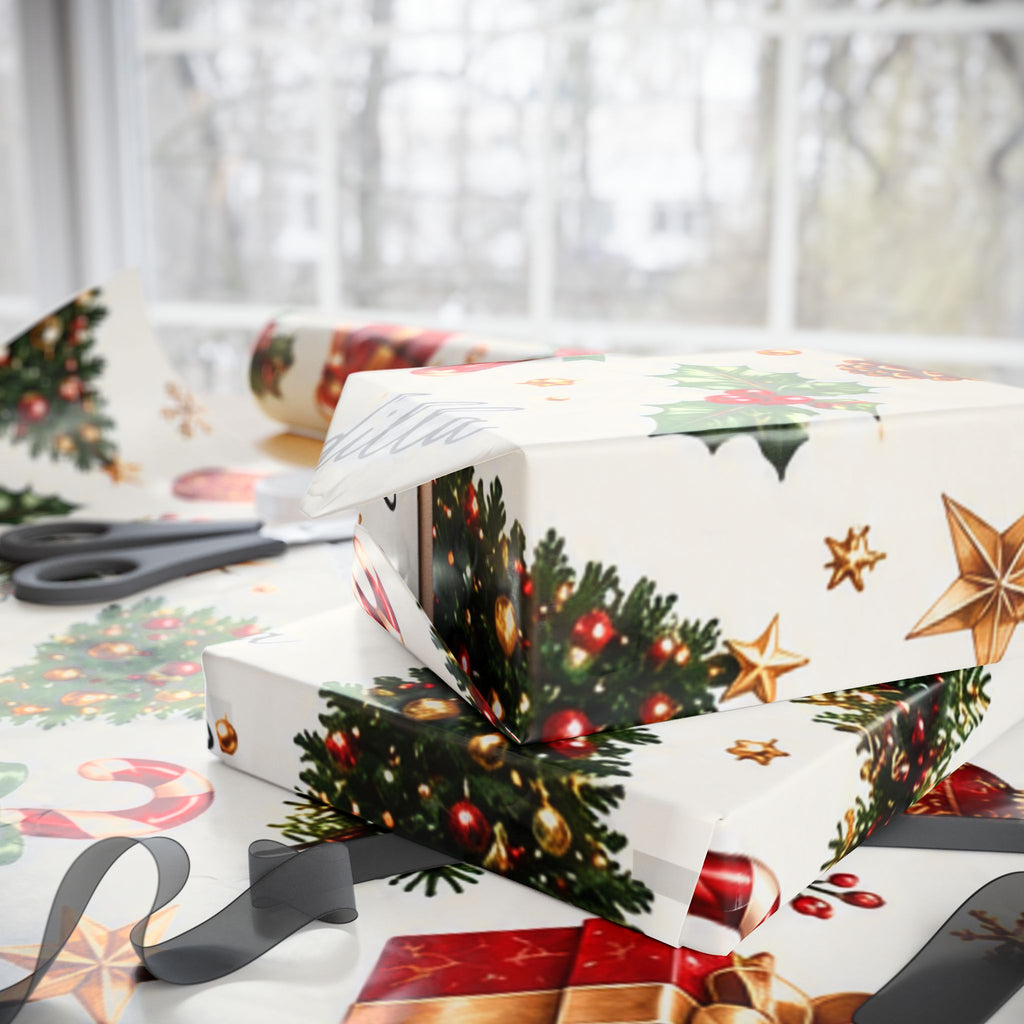 Christmas Holly & Ornaments Gift Wrapping Paper Roll — Festive Holiday Wrap