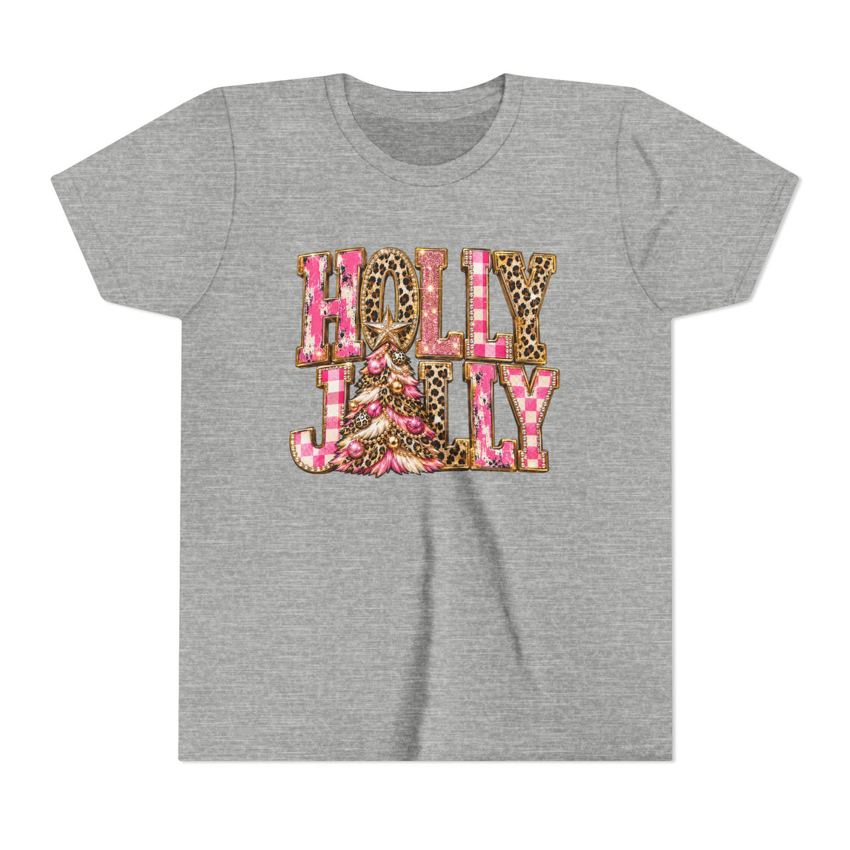 "Holly Jolly" Pink Leopard Christmas Graphic Youth Tshirt