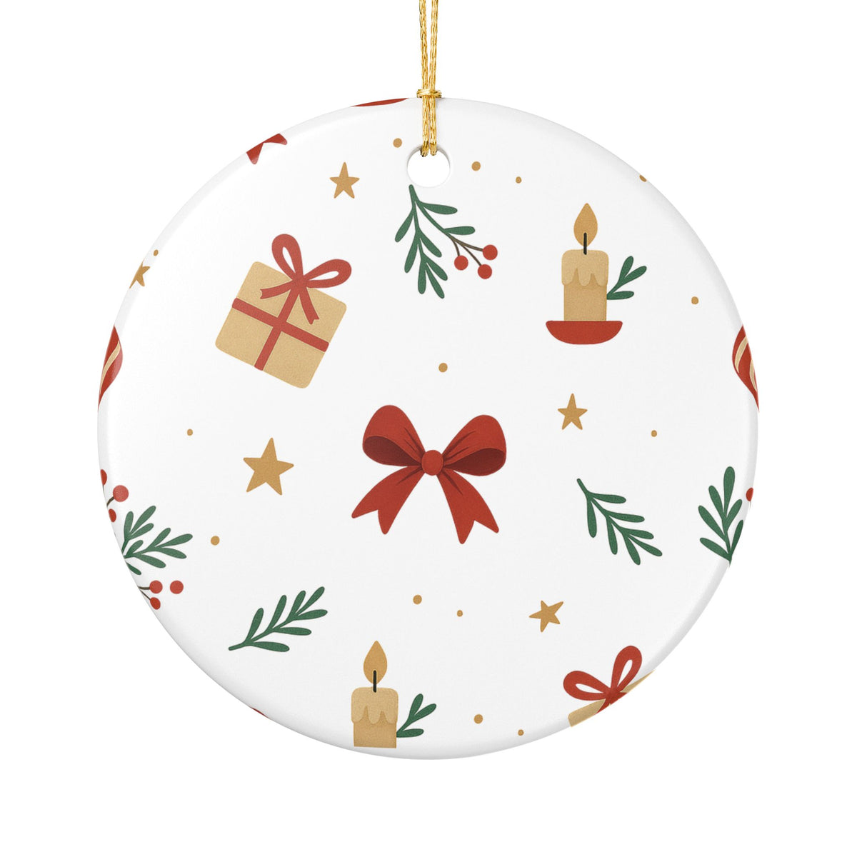 Christmas Ceramic Ornament - Holiday Candles, Gifts & Bow Pattern Decoration