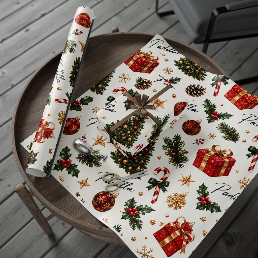 Christmas Holly & Ornaments Gift Wrapping Paper Roll — Festive Holiday Wrap