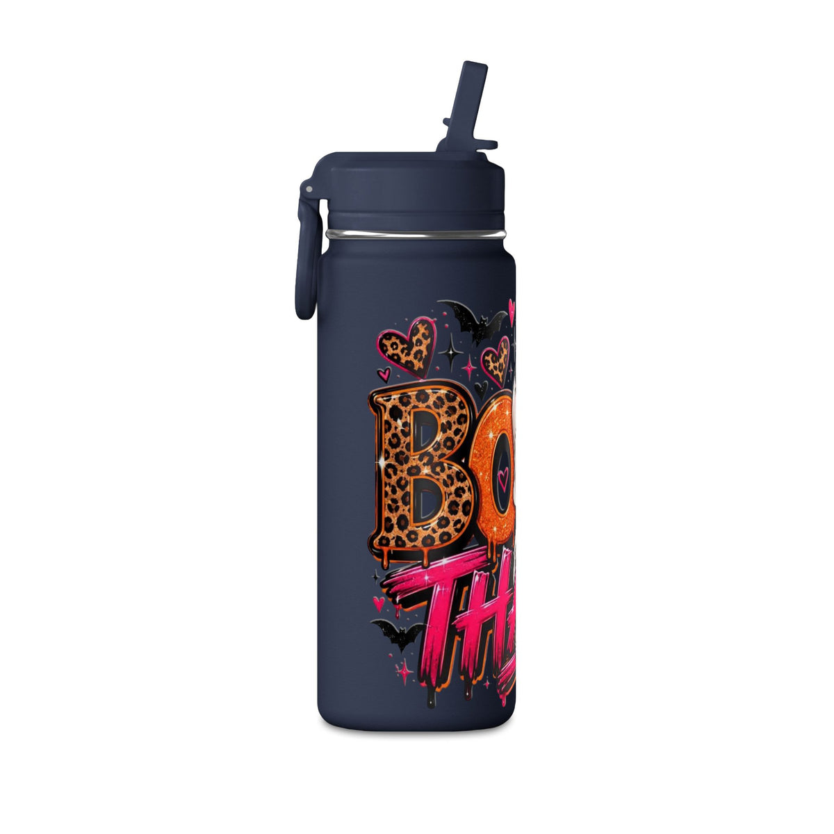 Mini Water Bottle — Cute Ghost 'Boo Thang' Graphic with Leopard Hearts