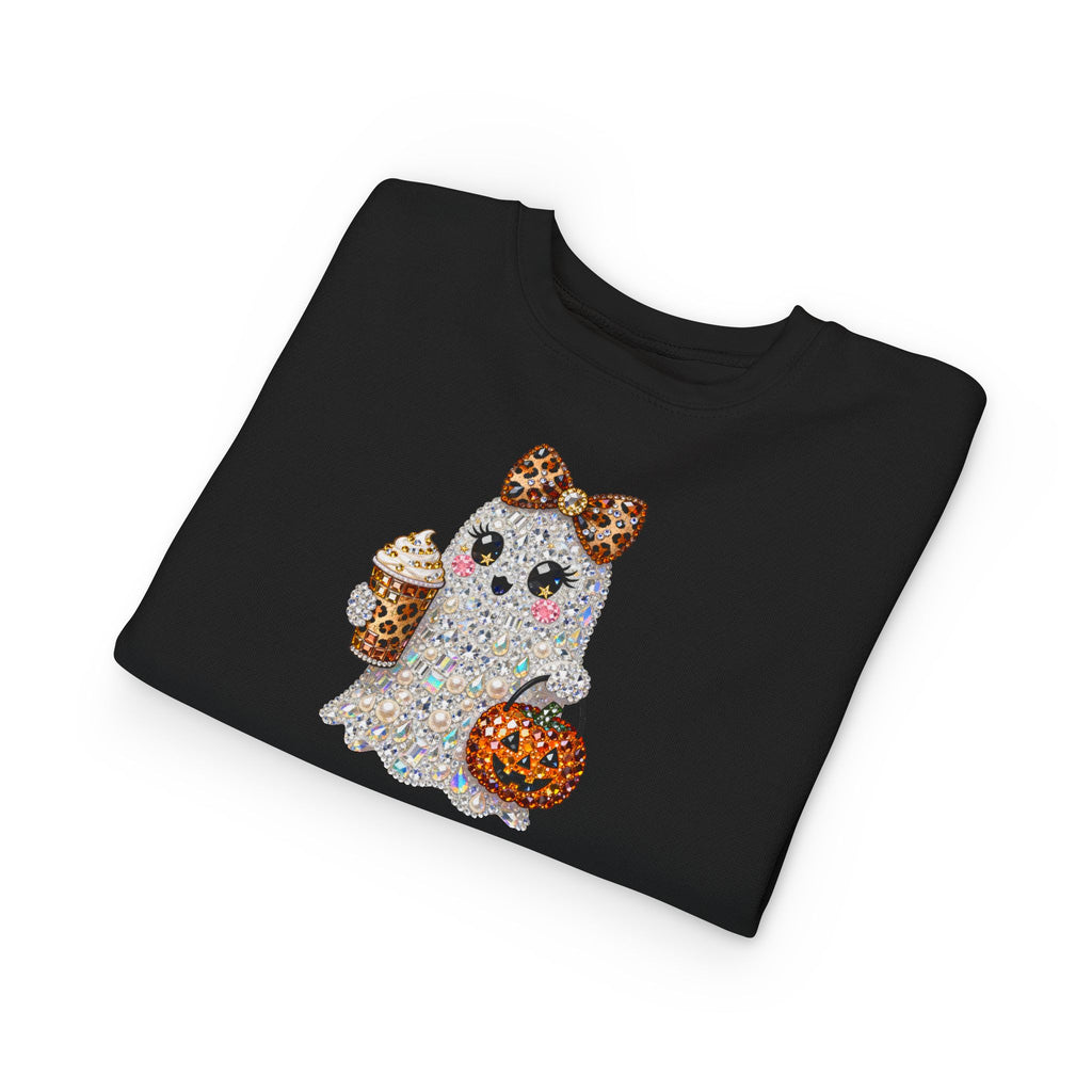 Cute Glitter Ghost Toddler Sweatshirt – Halloween Pumpkin & Coffee Design