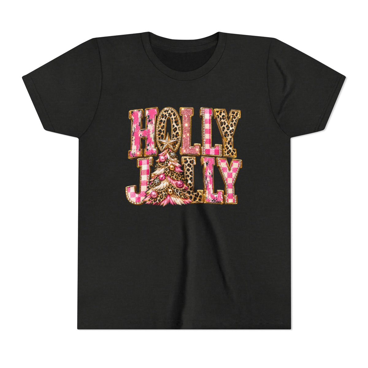 "Holly Jolly" Pink Leopard Christmas Graphic Youth Tshirt