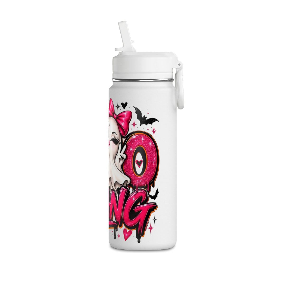 Mini Water Bottle — Cute Ghost 'Boo Thang' Graphic with Leopard Hearts