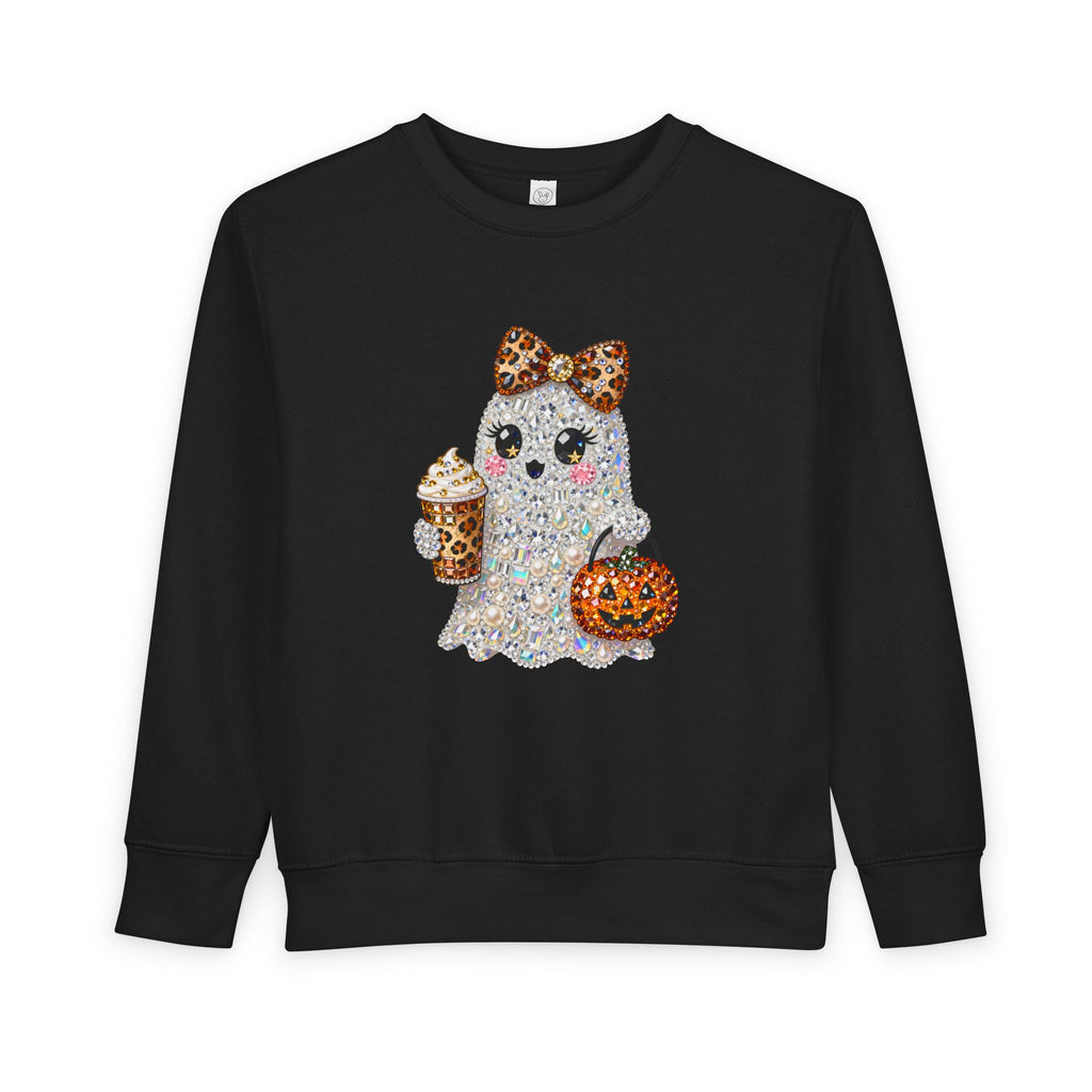 Cute Glitter Ghost Toddler Sweatshirt – Halloween Pumpkin & Coffee Design