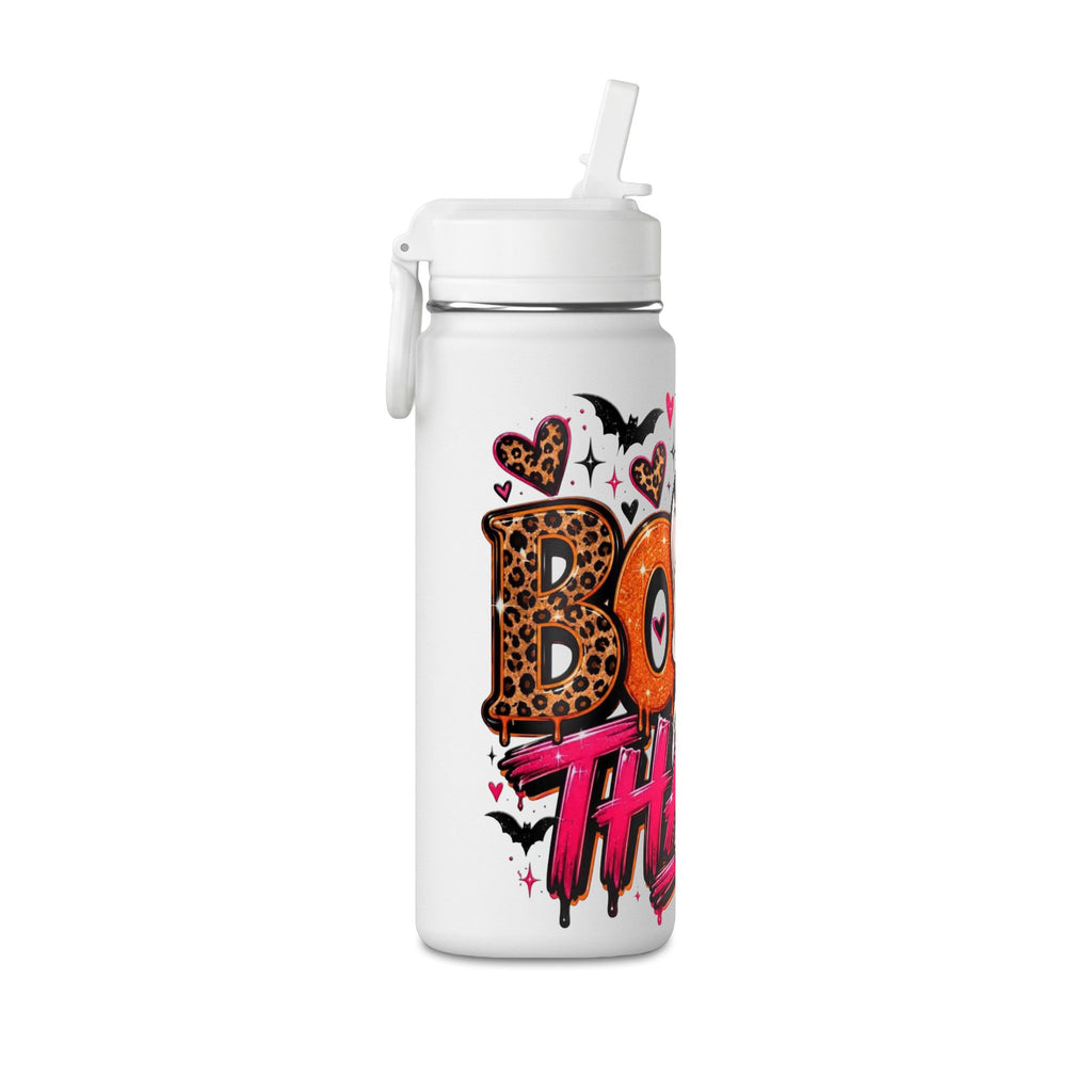 Mini Water Bottle — Cute Ghost 'Boo Thang' Graphic with Leopard Hearts