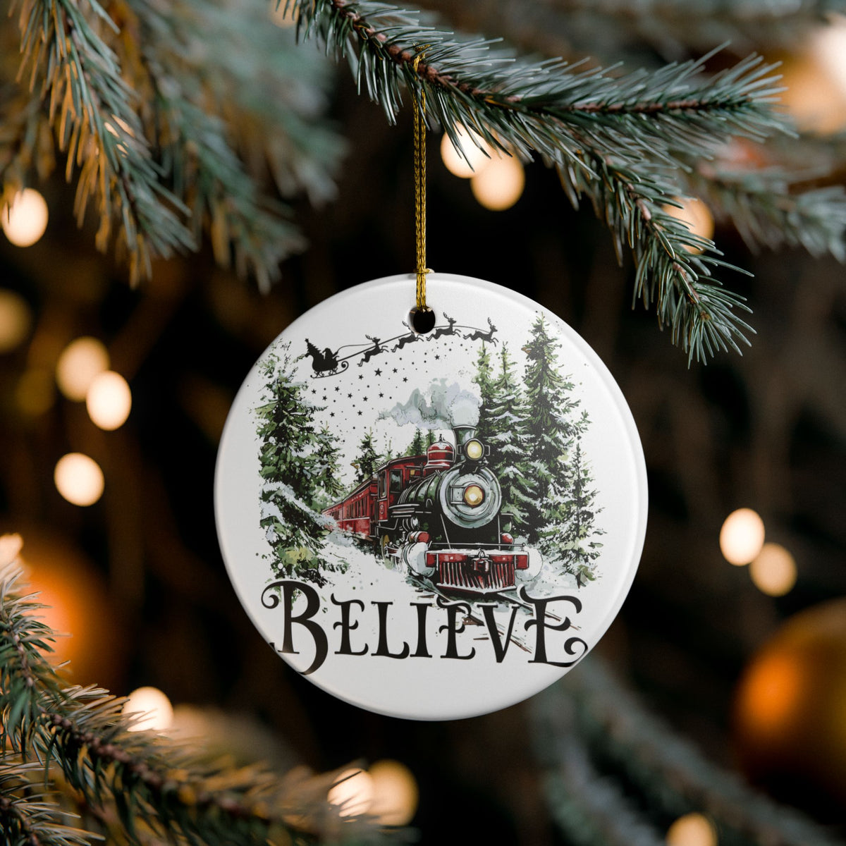 Believe Vintage Train Ceramic Christmas Ornament