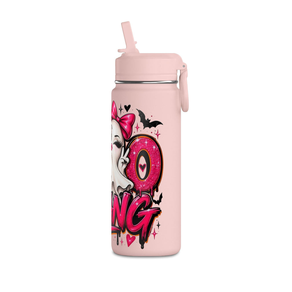Mini Water Bottle — Cute Ghost 'Boo Thang' Graphic with Leopard Hearts
