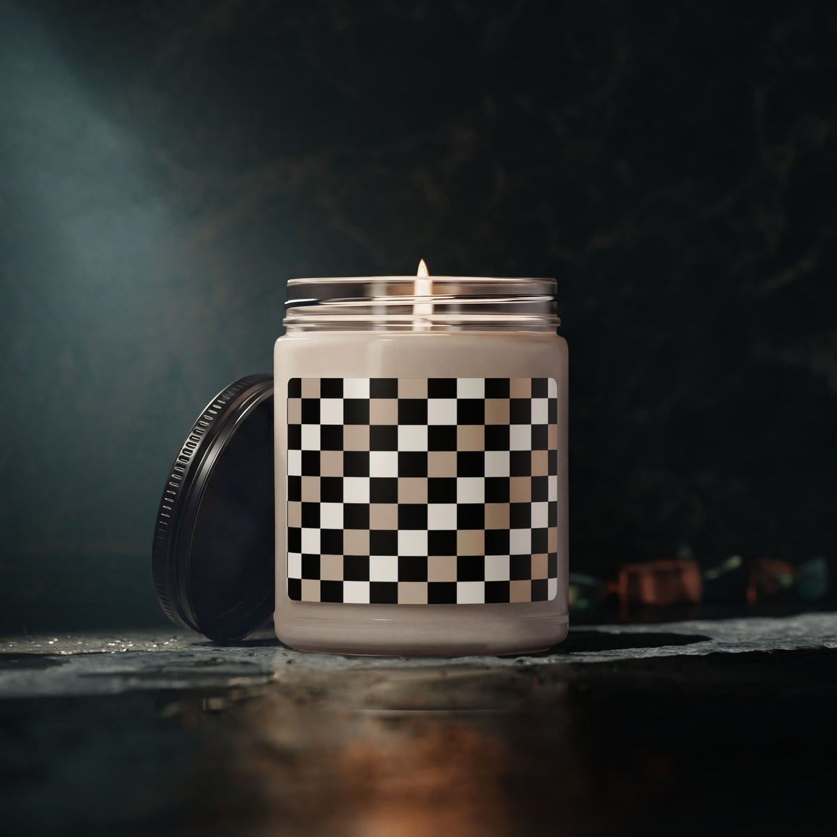 Checkerboard Soy Candle — Neutral Black & Beige 9oz Scented Jar