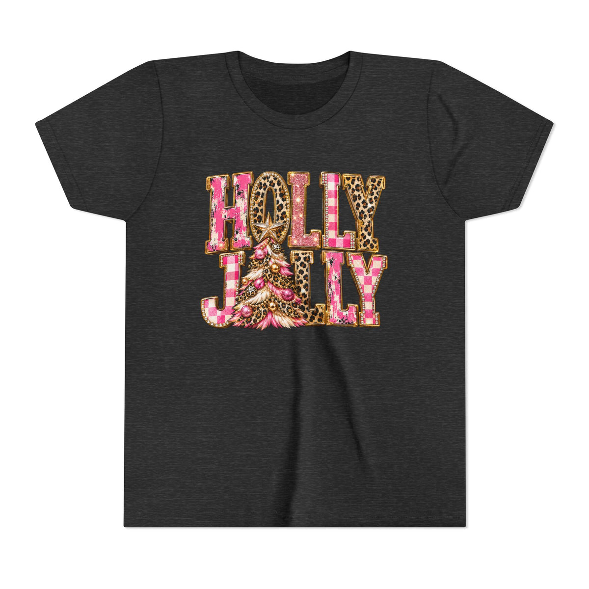 "Holly Jolly" Pink Leopard Christmas Graphic Youth Tshirt