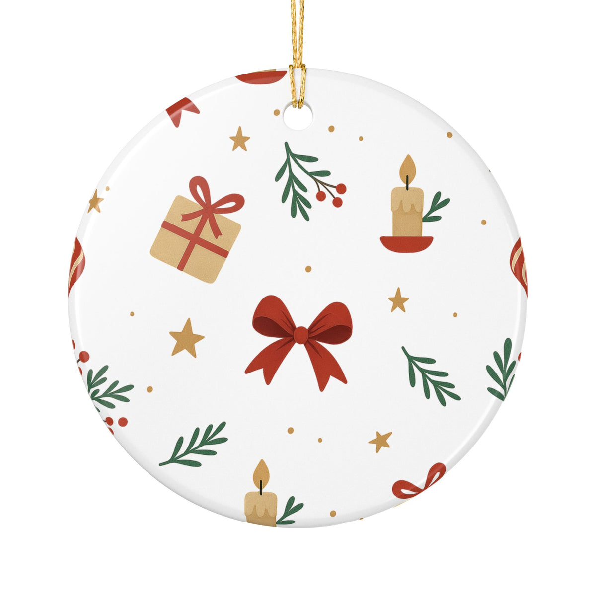 Christmas Ceramic Ornament - Holiday Candles, Gifts & Bow Pattern Decoration