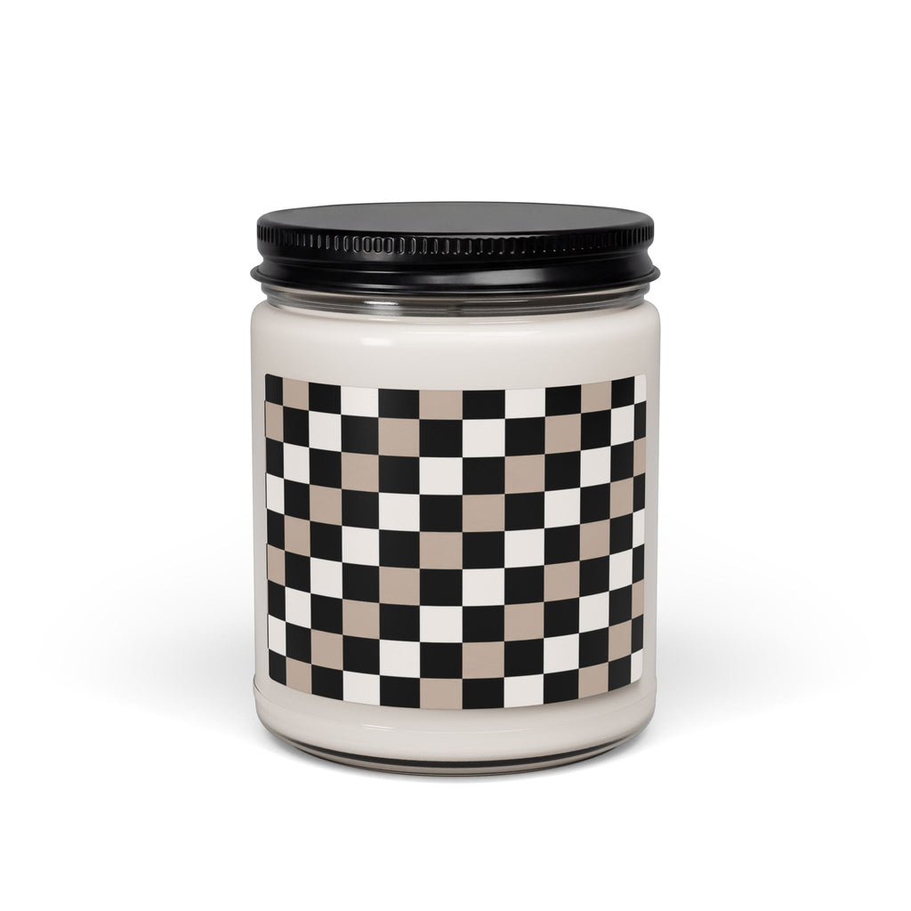 Checkerboard Soy Candle — Neutral Black & Beige 9oz Scented Jar