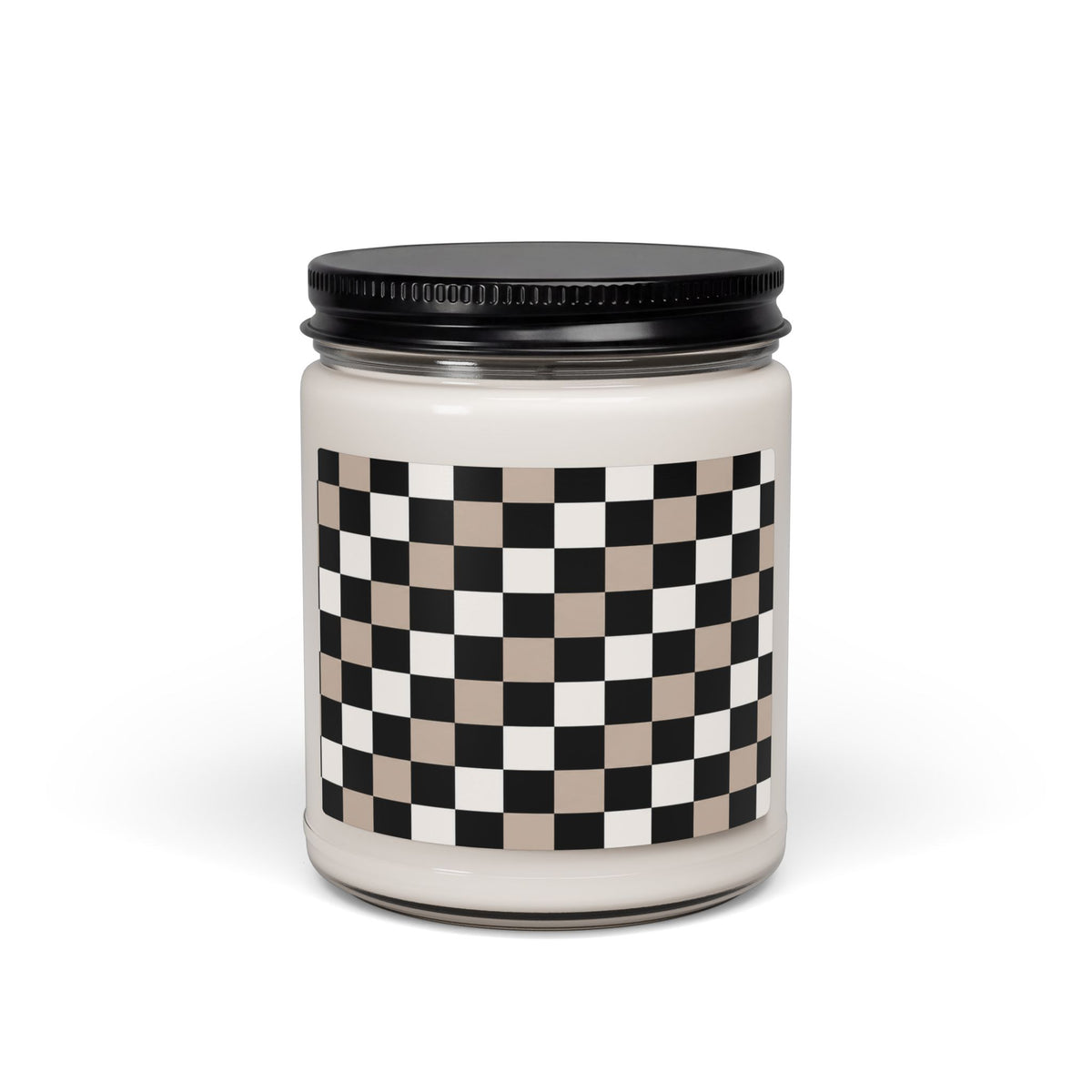 Checkerboard Soy Candle — Neutral Black & Beige 9oz Scented Jar