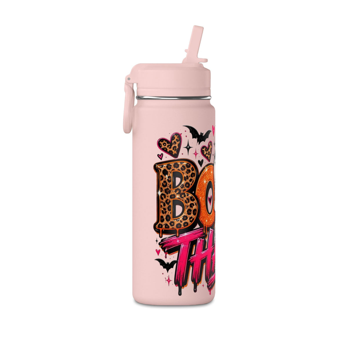 Mini Water Bottle — Cute Ghost 'Boo Thang' Graphic with Leopard Hearts