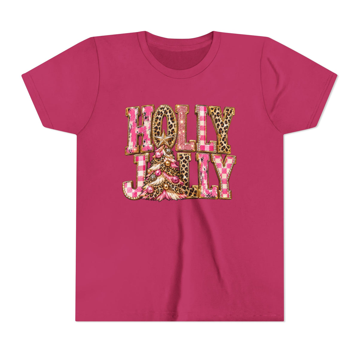 "Holly Jolly" Pink Leopard Christmas Graphic Youth Tshirt