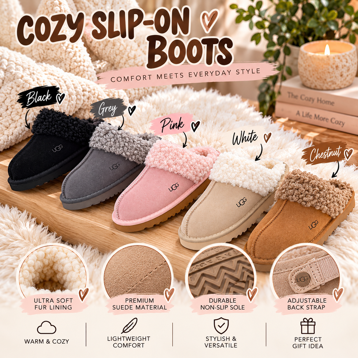 Women’s Cozy Faux Fur Slip-On Boots – Plush Lined Winter Slippers